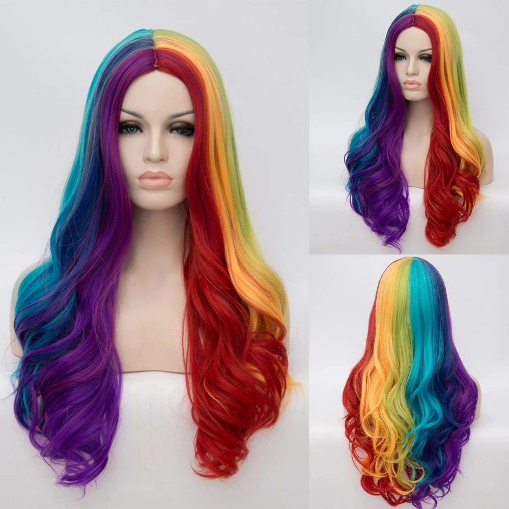 Long Wavy Rainbow Red Blue Purple Ombre Synthetic Wig Fluffy Women Lolita Cosplay Wig for Daily Party