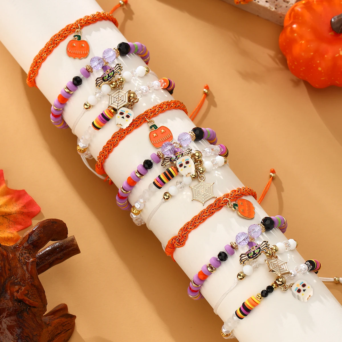 12 Piece New Halloween Bat Spider Pumpkin Woven Adjustable Bracelet Set Suitable for Halloween Carnival (Color Random)