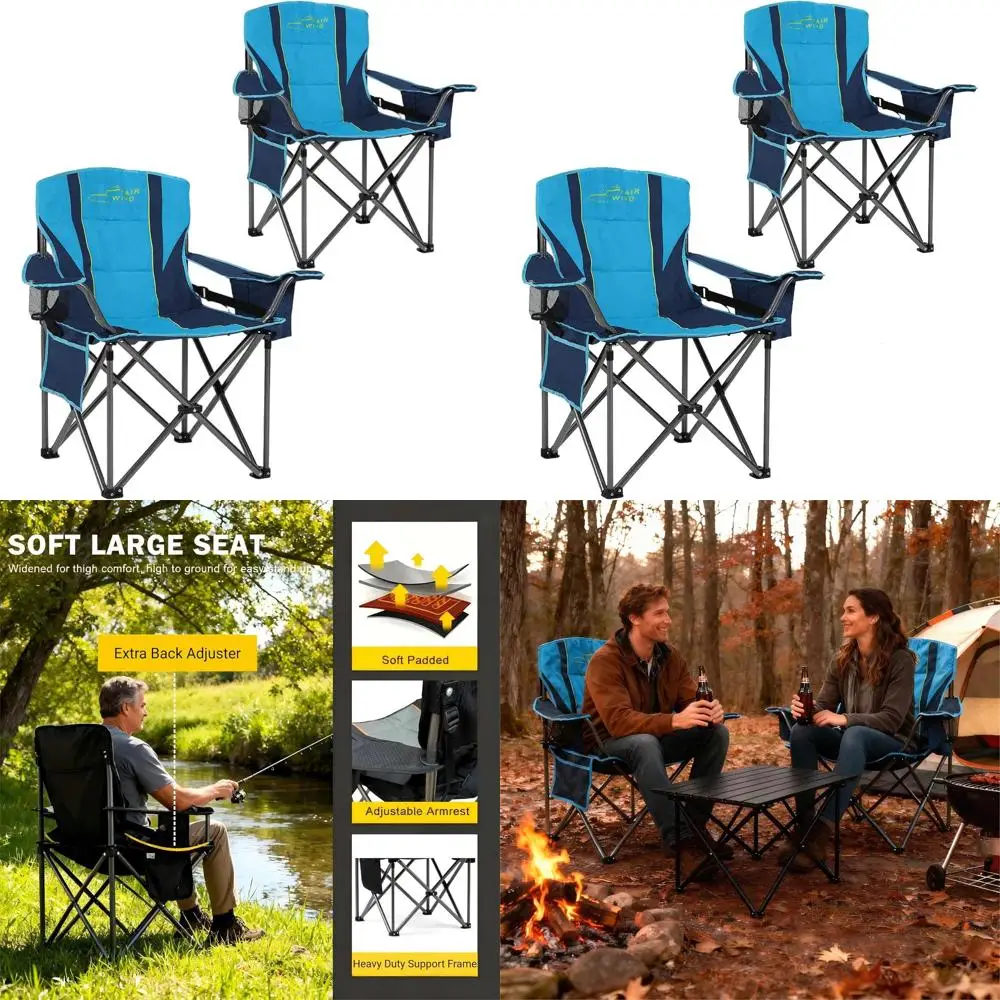 

Большое мягкое кресло для кемпинга с поясничной поддержкой и сумкой-холодильником, сверхпрочное, выдерживает до 204 кг, сине-зеленое