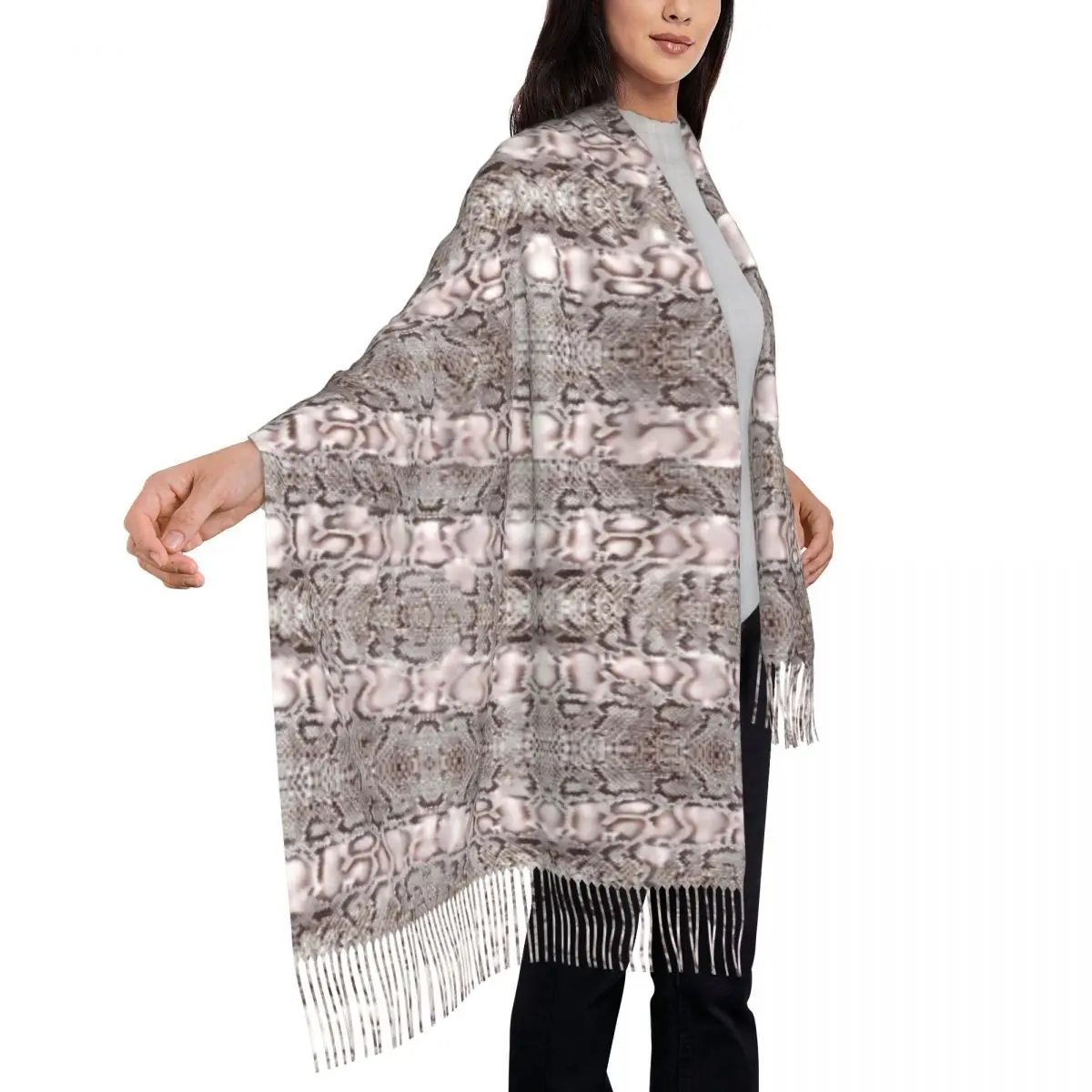 

Snakeskin Print Scarf Ladies White And Brown Large Scarves with Tassel Autumn Popular Shawls Wrpas Warm Soft Designer Bandana