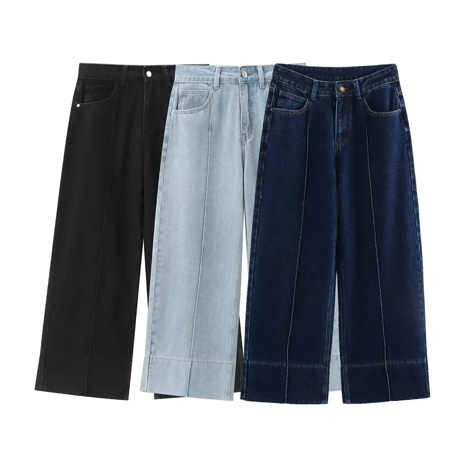 Women's 2024 New Chic Fashion Loose Casual High Waist Wide Leg Jeans Retro Side Pocket Women's Ankle Denim Pants Mujer