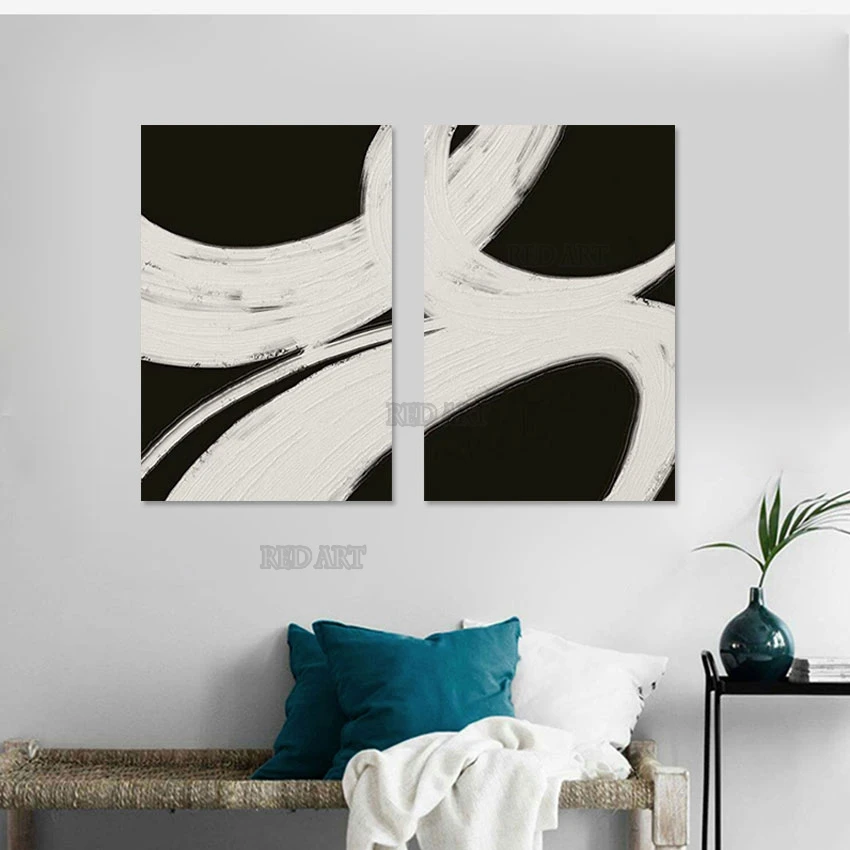 Frameless Black And White Abstract Handmade Decorative Item Acrylic Painting 2 Panels Wall Hangings Set Art For Modern Hotel