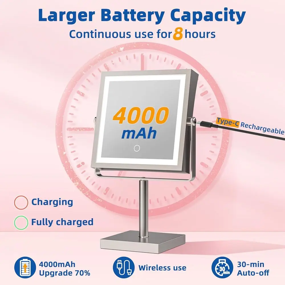 مرآة زينة LED قابلة للتعديل مع بطارية 4000 مللي أمبير في الساعة، تكبير 1X/10X، 3 خيارات إضاءة ألوان، قابلة للإمالة، 360 درجة ° دوران، #2