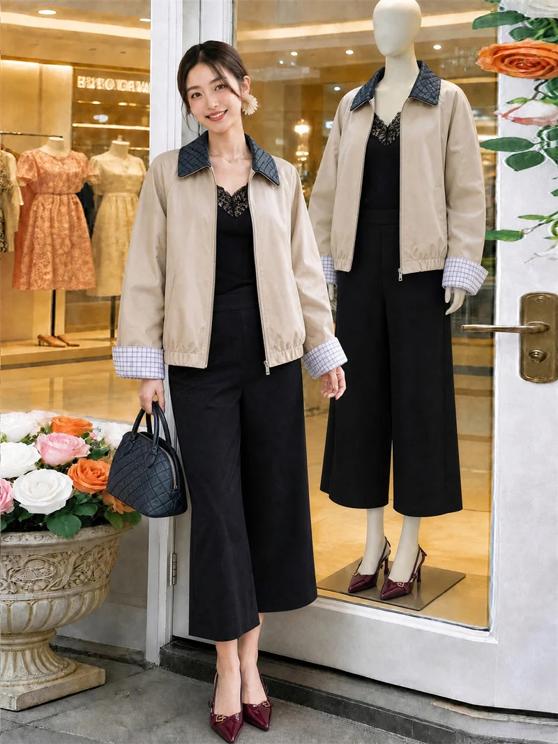 Removable Woven Collar Women Jacket Two‑Wear Zip‑Up Short Coat Plaid Cuff Retro Casual Outerwear