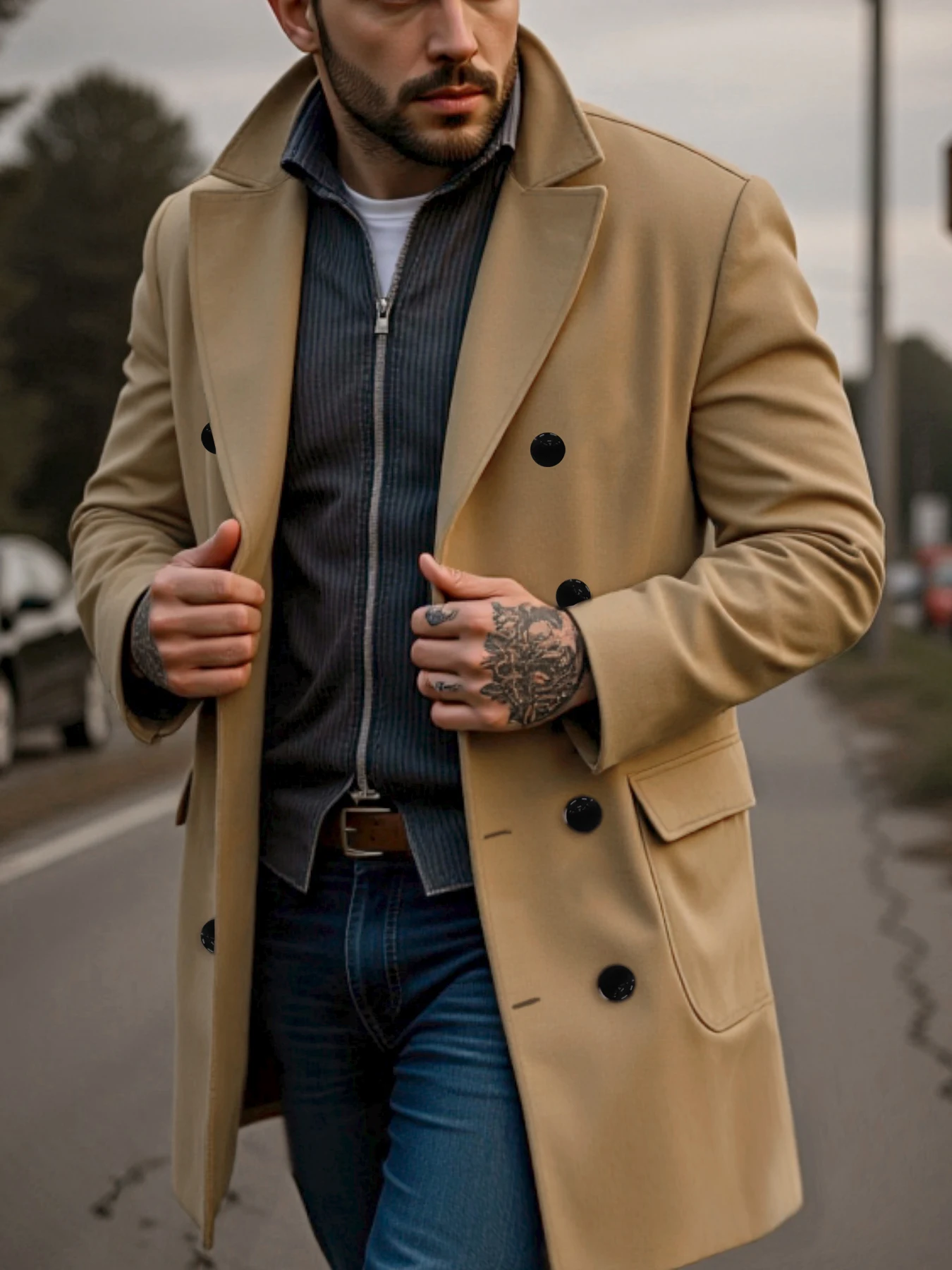 

Men's Double-Breasted Solid Woolen Coat Thickened Warm Winter Wool&blends Trench Streetwear Outdoor Ideal Choice Male Jacket