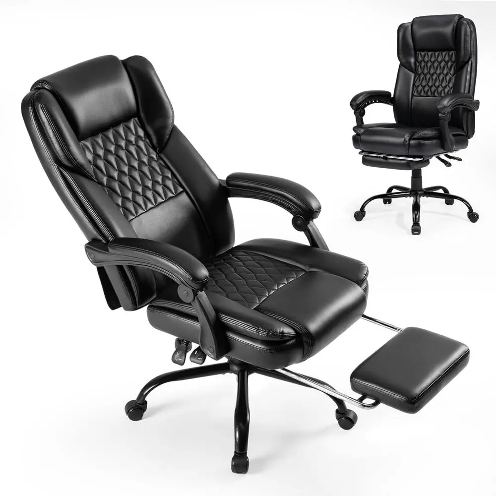 

Luxury High-Back Leather Desk Chair with Footrest, Recline, Wide Seat, Lumbar Support, and Pillow for Executive Office or Home U
