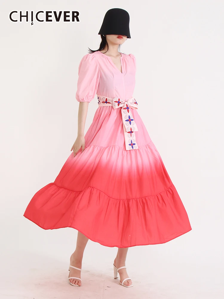 

CHICEVER Gradient Pleated Dresses For Women V Neck Short Sleeve High Waist Tunic Spliced Lace Up Hit Color Casual Dress Female