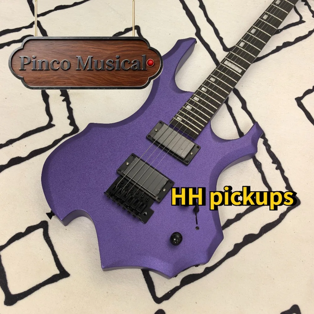 Matte Purple Flame Shape Double Tremolo Electric Guitar, 2024 Product HH Pickups Heavy Metal Shred Guitar