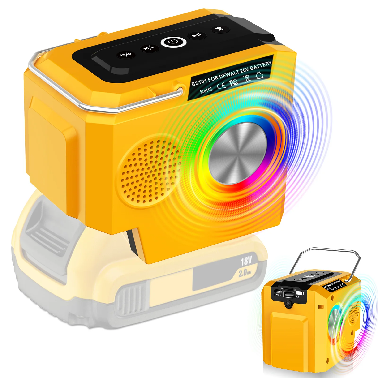 Portable Jobsite Speaker for Dewalt 20V Battery 10W Bluetooth Wireless with USB Charger & TF Card for Camping Construction 100ft