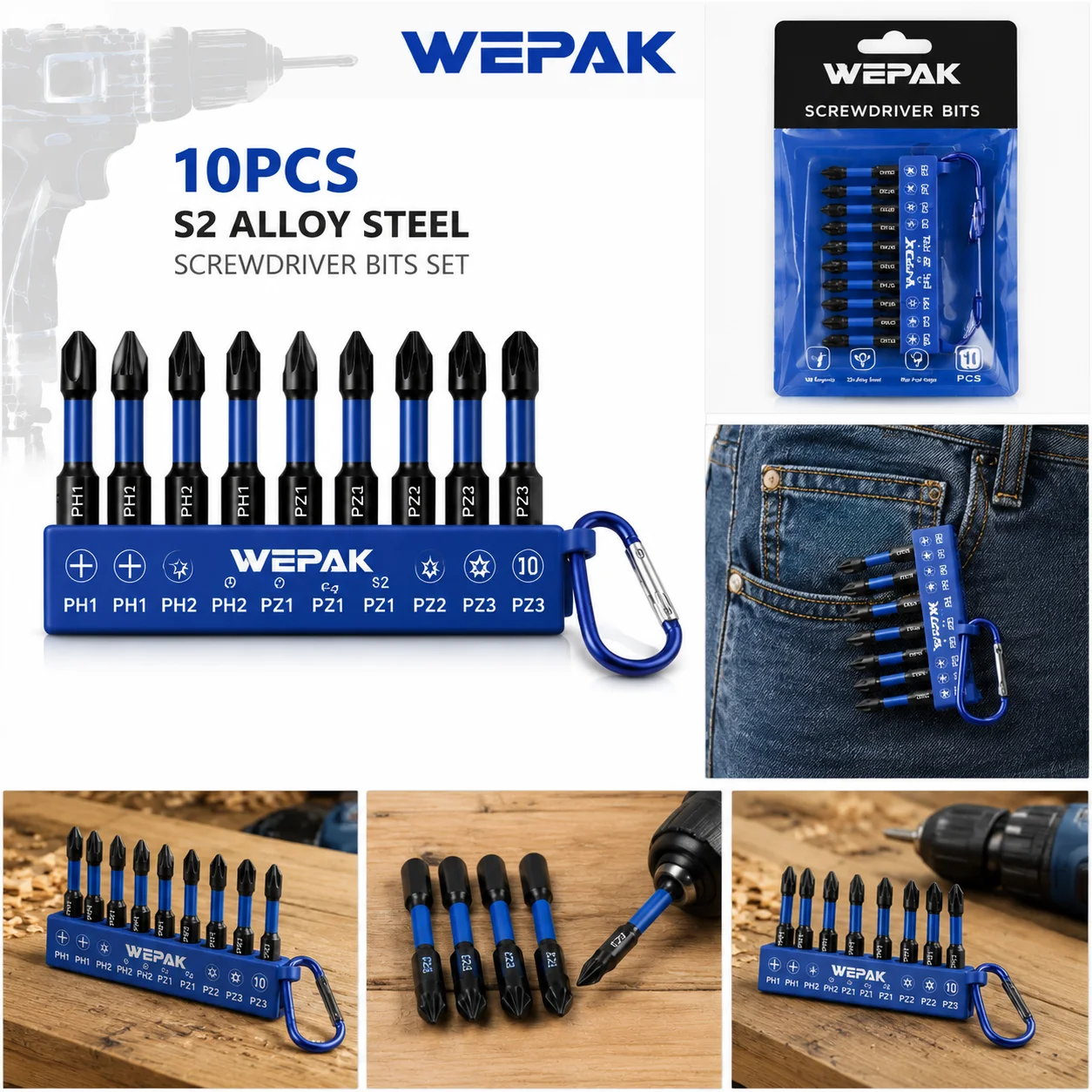 VEPAK VP1BSP50-10 10Pcs 50mm S2 Magnetic Screwdriver Bits PH PZ Drill Bit Kit with Portable Storage Holder