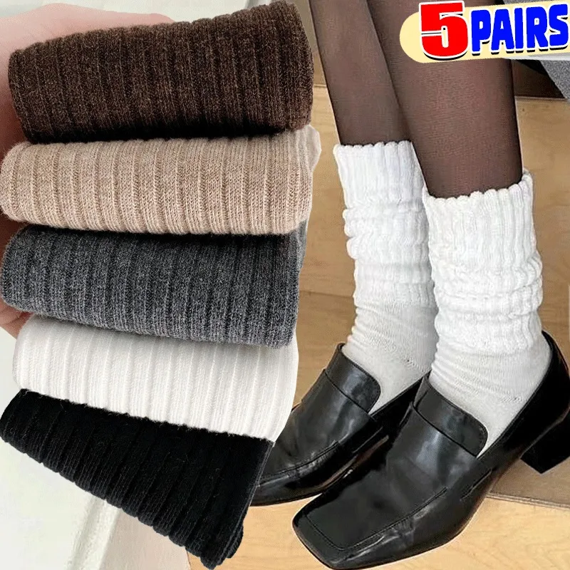 Calcetines largos de punto Y2k para mujer, calcetines informales holgados de ganchillo liso en blanco y negro, calcetines de algodón con puños para botas, calcetines con volantes