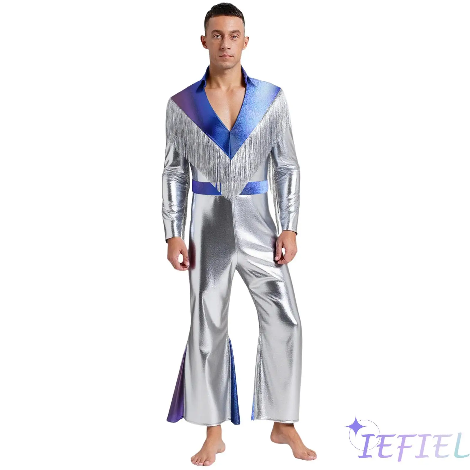 

Vintage Disco Jumpsuit for Men with Metallic Shine And Flare Sleeves 70s Style Wide Leg Romper for Halloween Christmas Events