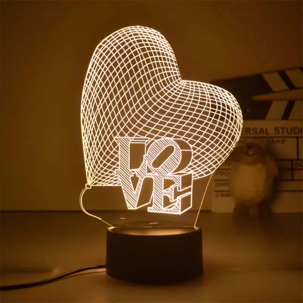 Lámpara 3D de amor romántico, globo en forma de corazón, luz de noche LED acrílica, lámpara de mesa decorativa, regalo de San Valentín, corazón, esposa