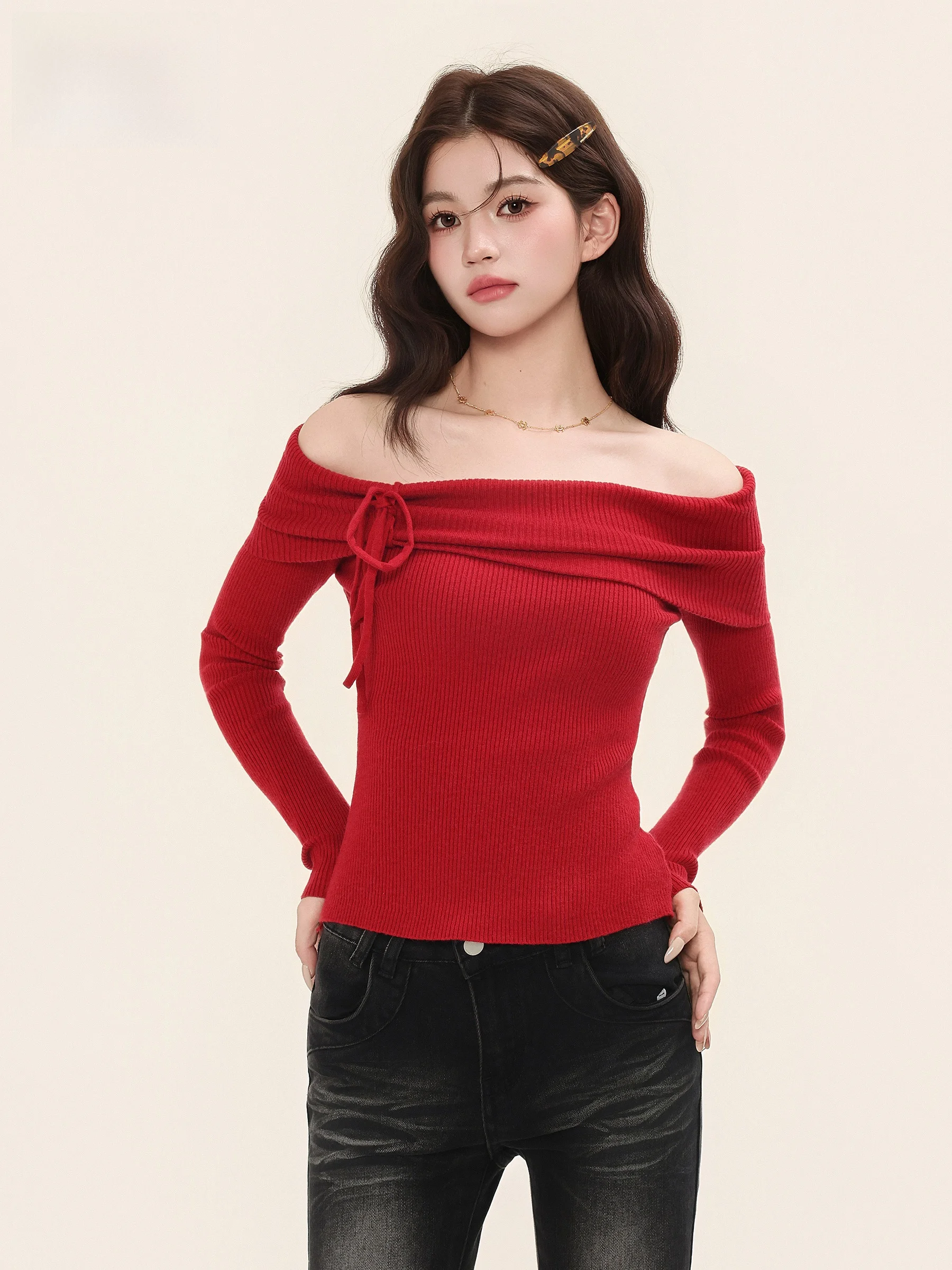 

Red Long Sleeve Knitted Shoulder Bared Slim Fit Women's Base Shirt Top Casual Style Knitted Knitwear Autumn New Arrival