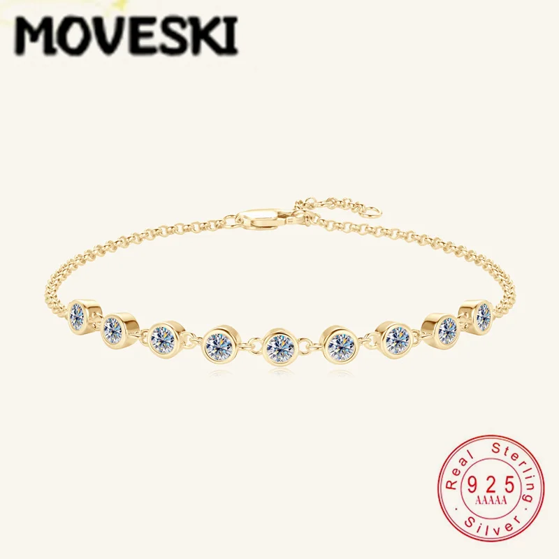 

Браслет MOVESKI из стерлингового серебра 925 пробы с муассанитом для женщин, круглой огранки, с оправой, регулируемая цепочка на руку, изысканные ювелирные изделия