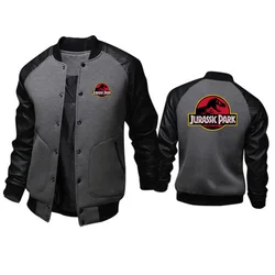 Youth Men's Baseball Coats Patchwork PU Sleeve Stand Collar Jackets Outerwear JURASSIC PARK Dinosaur World Graphic Men Jacket