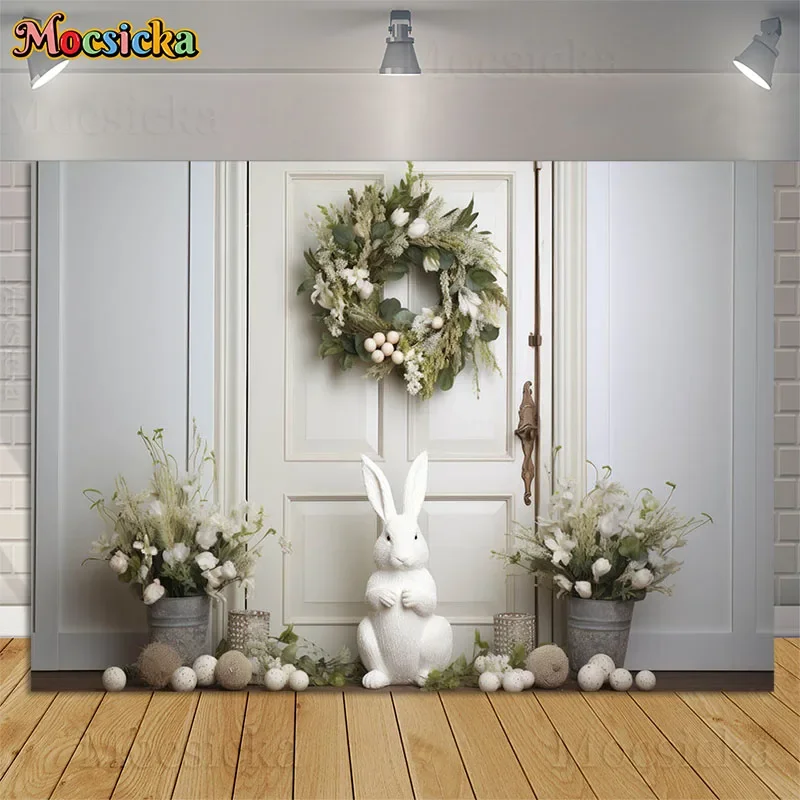 

Spring Easter Bunny Photography Background White Wooden Door Flowers Baby Kids Birthday Party Portrait Backdrops Photo Studio