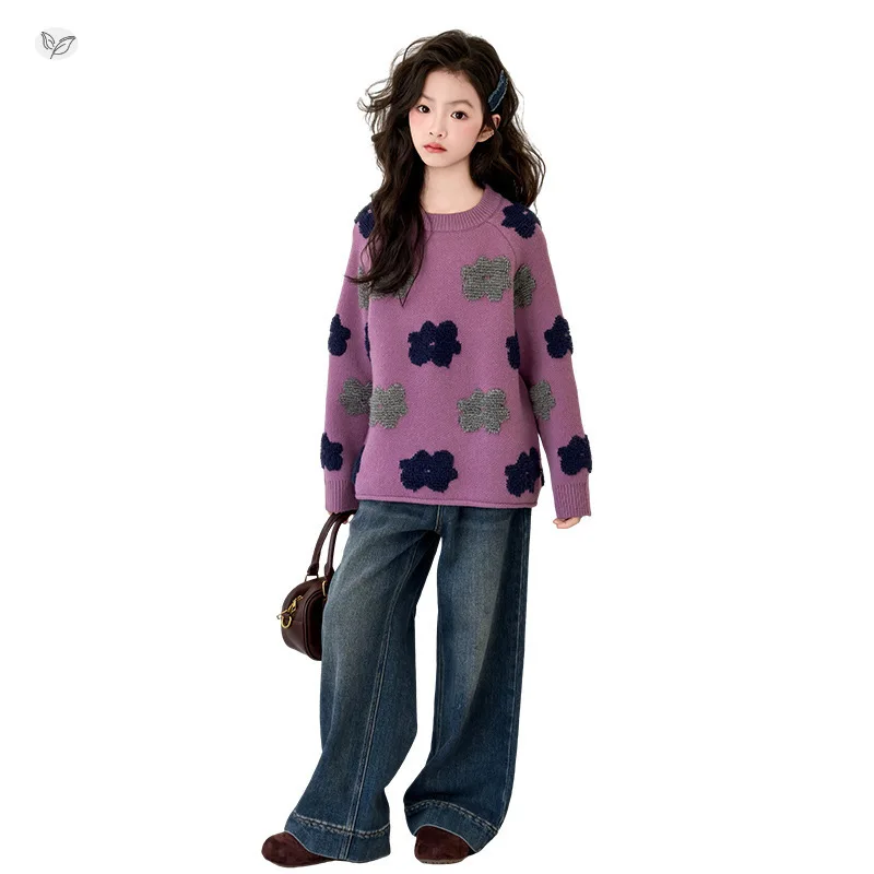 Suéter jacquard floral bloco colorido para meninas, pulôver de malha com flores doces, top de camadas primavera outono, menina grande 7 - 14 anos