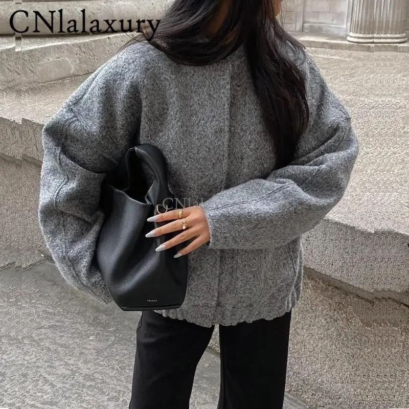 CNlalaxury Women\'s Bombers Grey With Buttons Long Sleeve Jackets Coat 2023 Spring Winter Female Warm With Pockets Casual Outwear