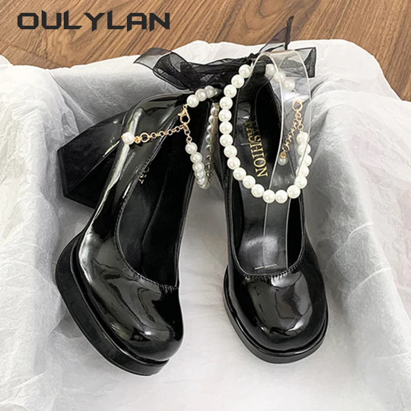 Oulylan Women High Heels Elegant Bow Square Toe Black Fashion  Pumps Thick Heel Wedding Party Pearl Lace Wedding Shoes Ladies