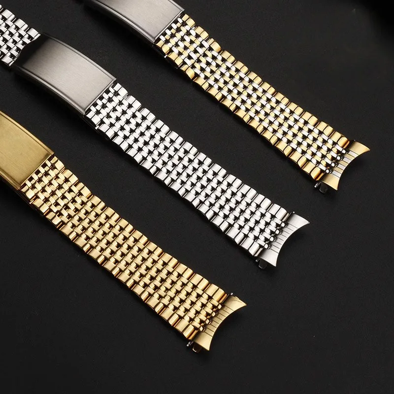 Curved End Watchband for Omega Seamaster Speedmaster DeVille Stainless Steel Strap 18mm 19mm 20mm Thin Bracelet Belt Silver Gold
