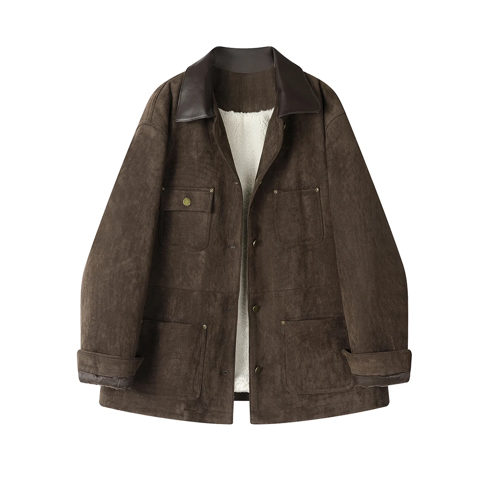 سترة نسائية من جلد الغزال مع بطانة شيرلينغ صناعية كبيرة الحجم معاطف شتوية 2024 ملابس خارجية جديدة من الصوف الدافئ طراز عتيق