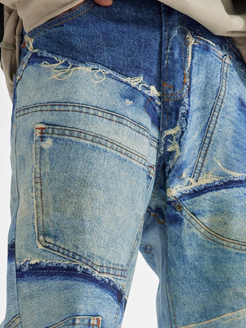 Fashion Fake Patchwork Printed Denim Jeans Mens New Casual Zipper Straight Loose Jeans Streetwear Hip Hop Baggy Pants Joggers