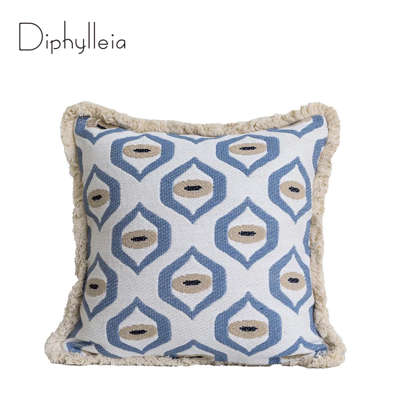 Diphylleia Mediterranean Style Throw Pillowcase Salt Blue Boho Eyes Repeat Jacquard Cushion Cover For Bed Couch Sofa Living Room