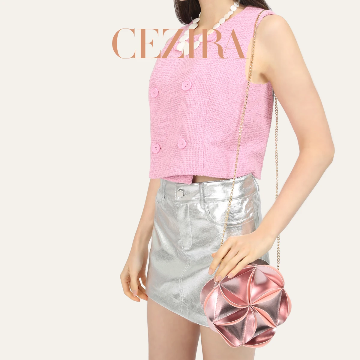 CR Women 3D Cherry Blossom Round Wallet Niche Designed Round Crossbody Bag Cute Petal Splicing PU Vegan Leather Clutch For Party