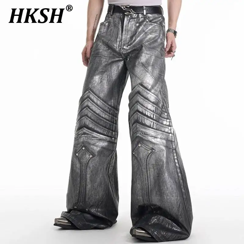 HKSH Spring New Men Tide Y2K Streetwear Trendy Silver Plated Jeans Elegant Fashion Avant Garde Knight Wide Leg Pants Ins HK5256