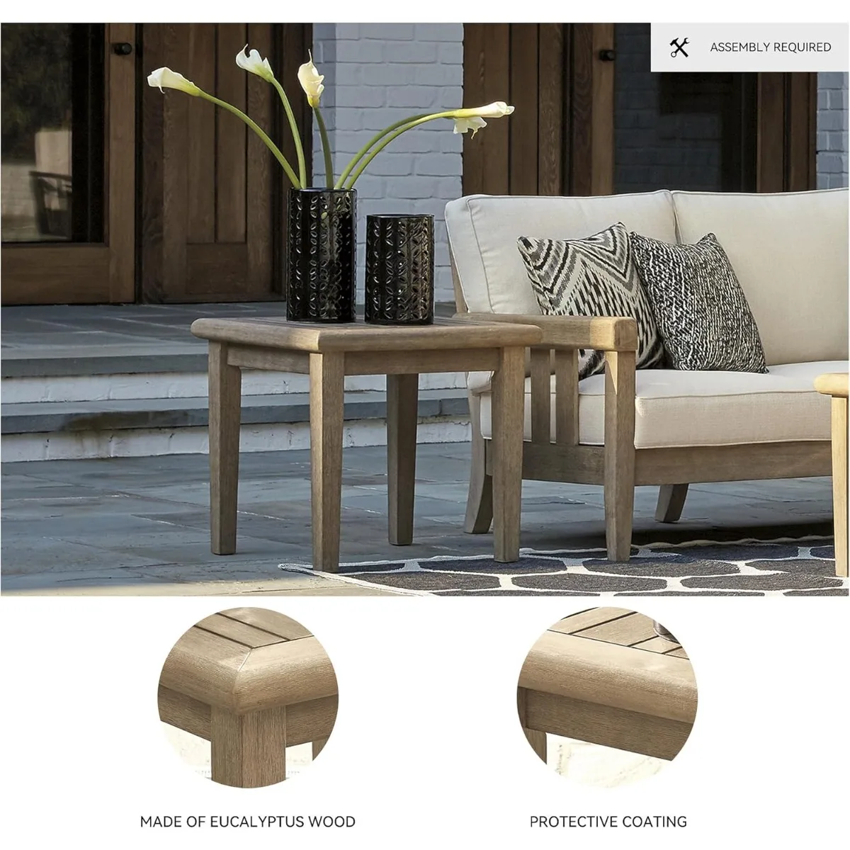 طاولة جانبية مزخرفة للأماكن الخارجية، طاولة مربعة باللون الرمادي والبني للفناء والحديقة. طاولة نهاية خشب الأوكالبتوس لجانب حمام السباحة