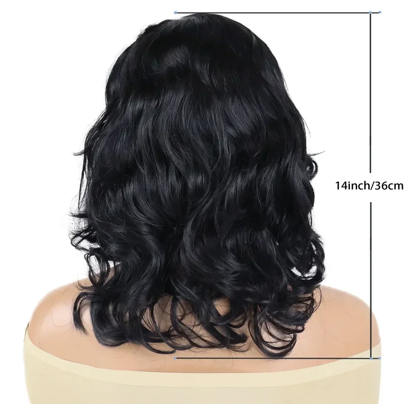 شعر مستعار متوسط اصطناعي للنساء من GNIMEGIL ، شعر أسود طبيعي ، شعر مستعار مجعد رقيق ، فراق جانبي ، تأثيري يومي ، استخدام الهالوين