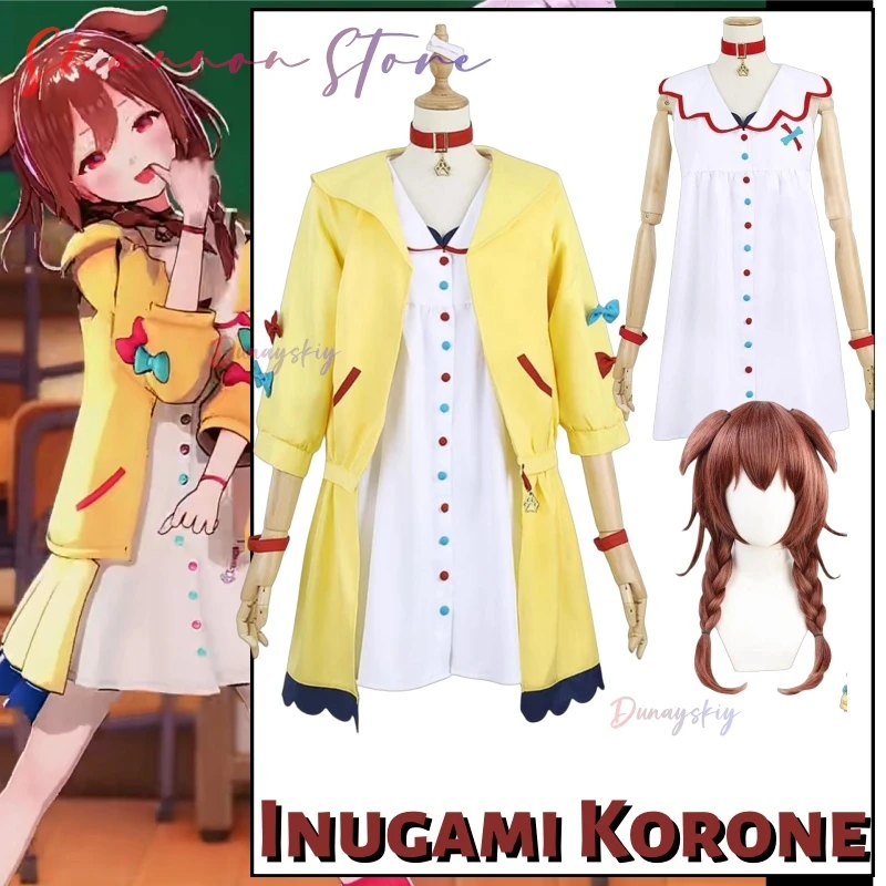 أنيمي Inugami Korone تأثيري كوسبفريه المرأة فستان لطيف معطف الزي الرسمي مجموعة اكسسوارات هالوين كرنفال ملابس الحفلات