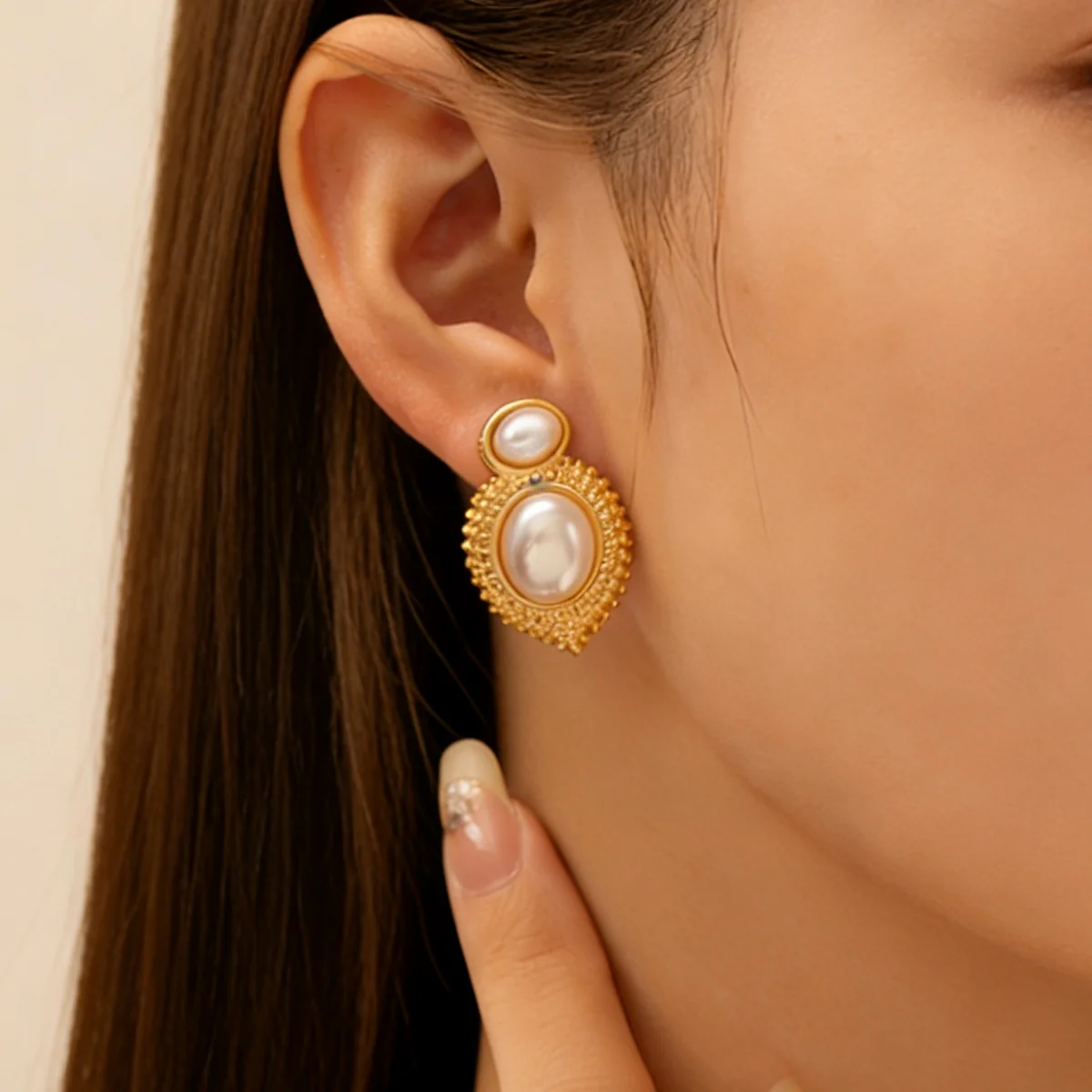 Luxury Gold Color Textured Double Imitation Pearl Earrings Frame Statement Studs For Women Daily & Party Wear All Season