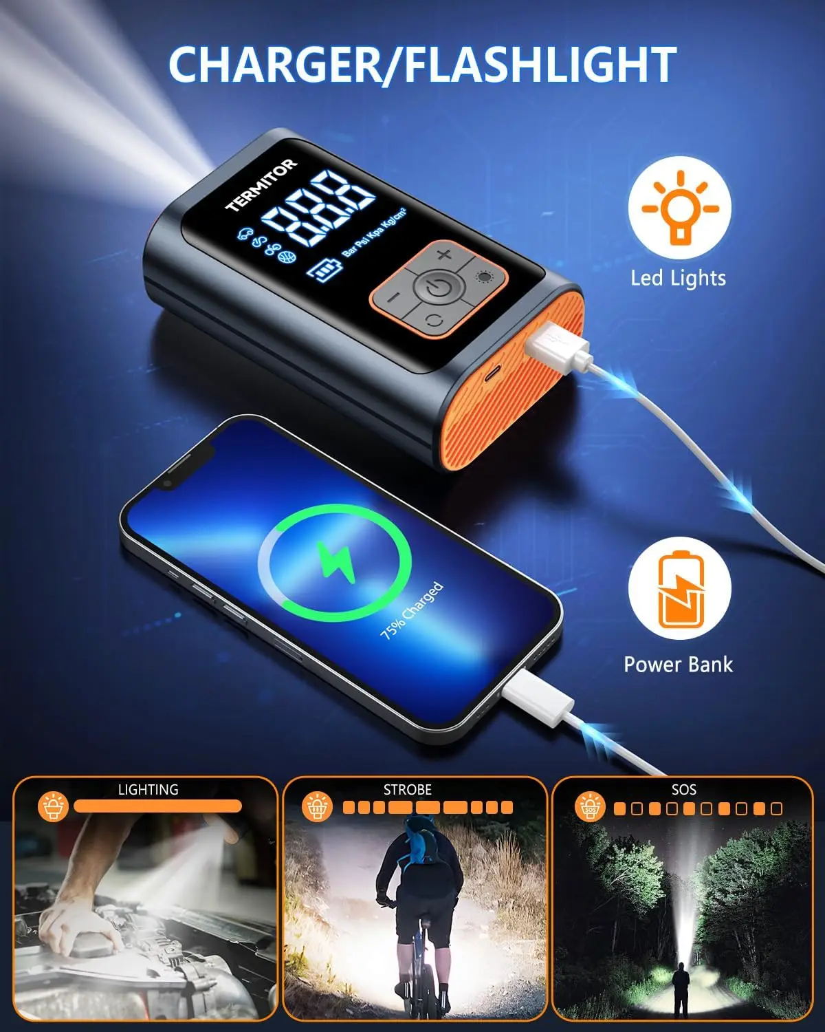 نافخة ضاغط هواء محمول 150 رطل لكل بوصة مربعة مضخة هواء لاسلكية مع مقياس ضغط رقمي، ضوء LED للطوارئ #3