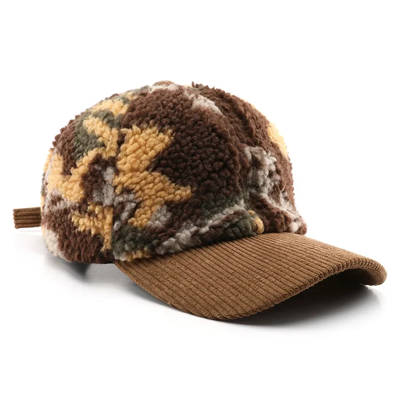 Camouflage Lamb Wool Baseball Cap Men Women Winter Thick Warm Adjustable Patchwork Hat Unisex Outdoor Windproof Dad Trucker Caps