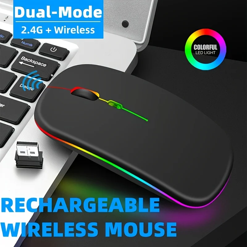 

Ultra-Slim Wireless Rechargeable Mouse with LED Lighting, Dual Mode (BT & 2.4G), Compatible with iPad, Laptop, PC, Mac, Windows