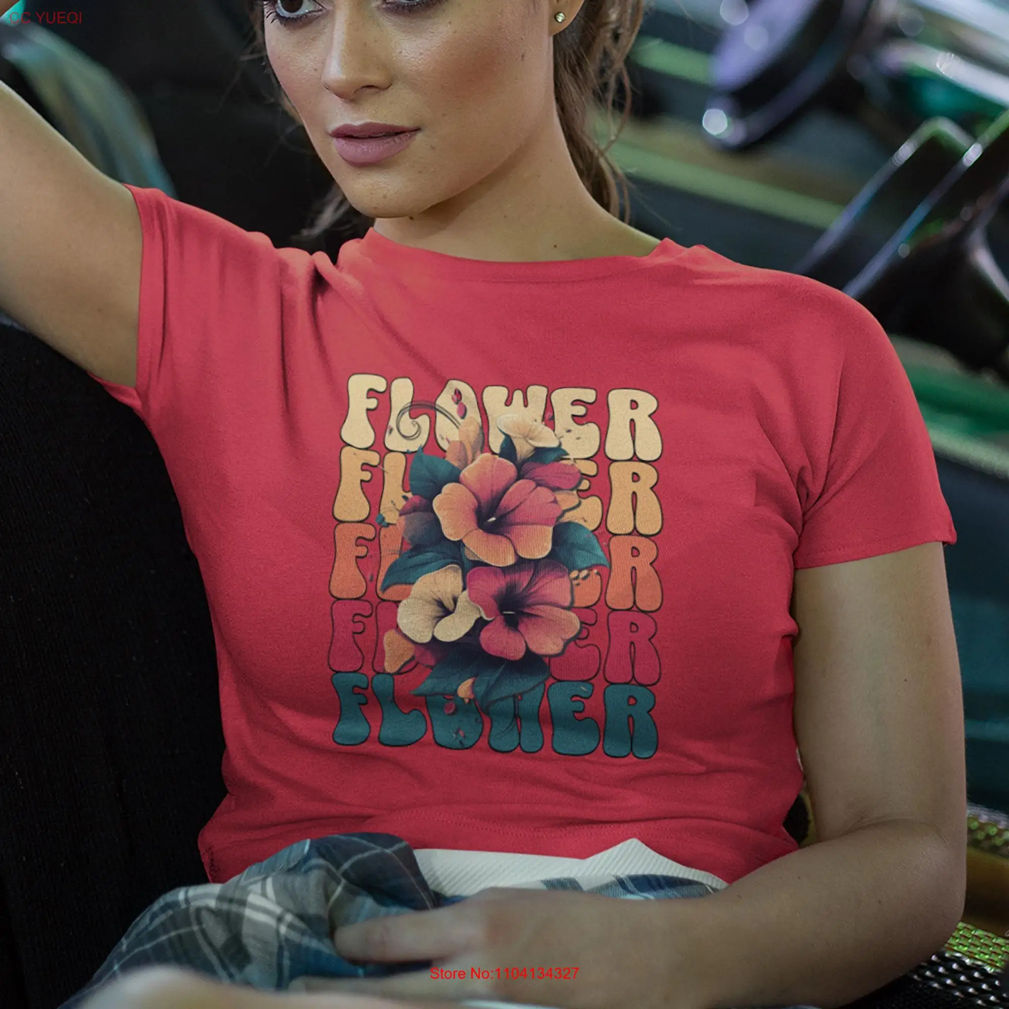 Camiseta con diseño Floral de flores en el respaldo de texto grande, prenda informal con estampado botánico, mangas largas o cortas teñidas