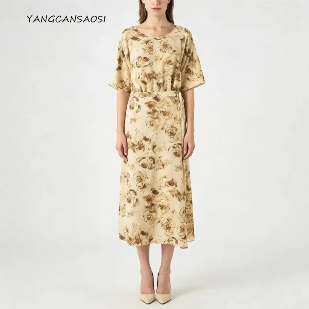 

2026 Women's Fashion New 100% Natural Mulberry Silk Crepe De Chine Round Neck Off Shoulder Sleeved Fake Two-piece Set Dress