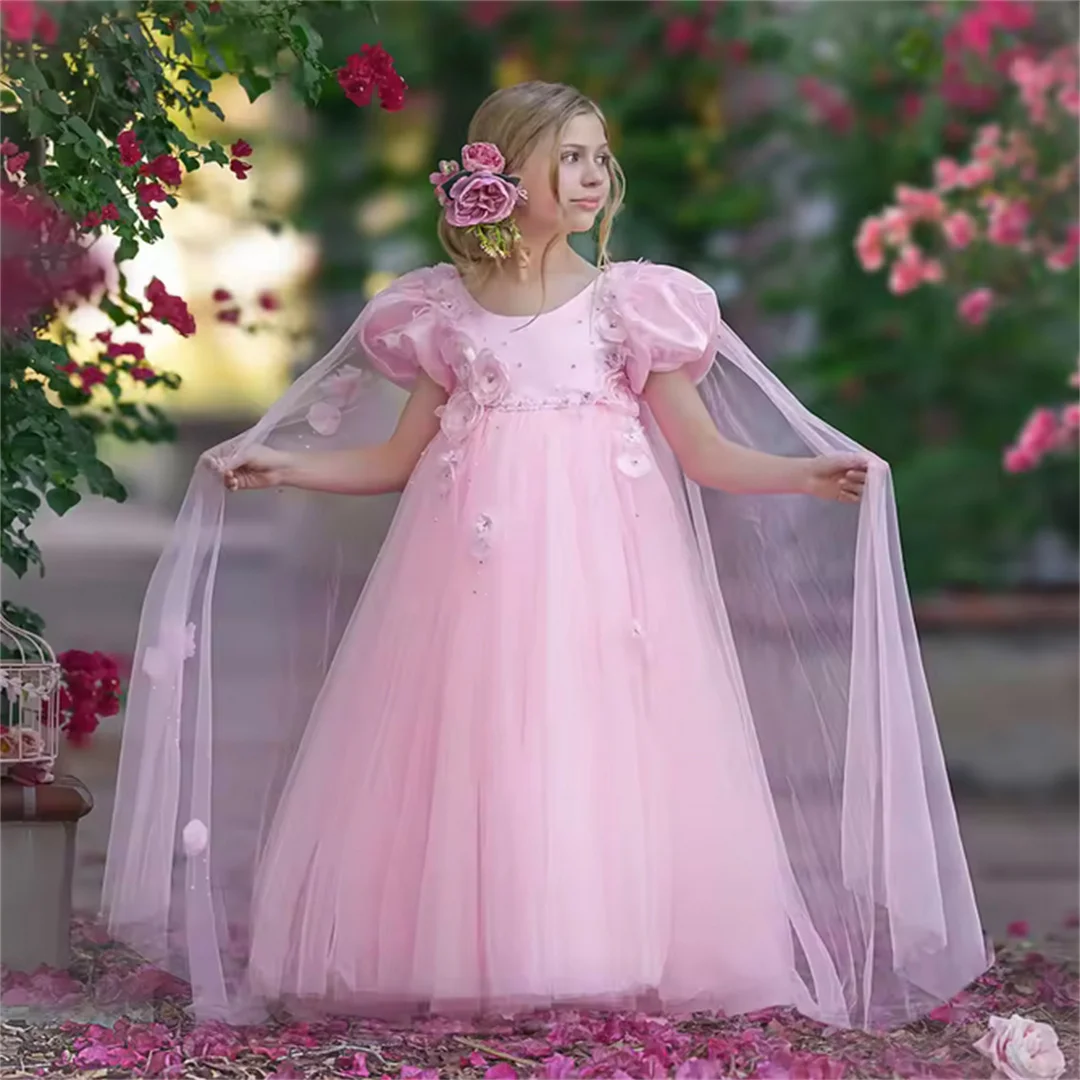 Vestidos florais árabes rosa personalizados para meninas, cristal com capa, flores 3d, mangas bufantes para crianças, casamento, festa de aniversário