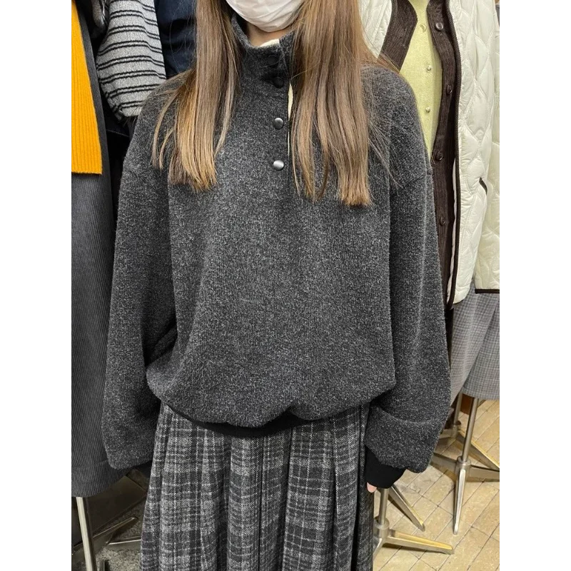 

2025 New Fashion Ladies Autumn Winter Contrast Striped Korean Simple Loose High Collar Velvet Sweatshirt Trend
