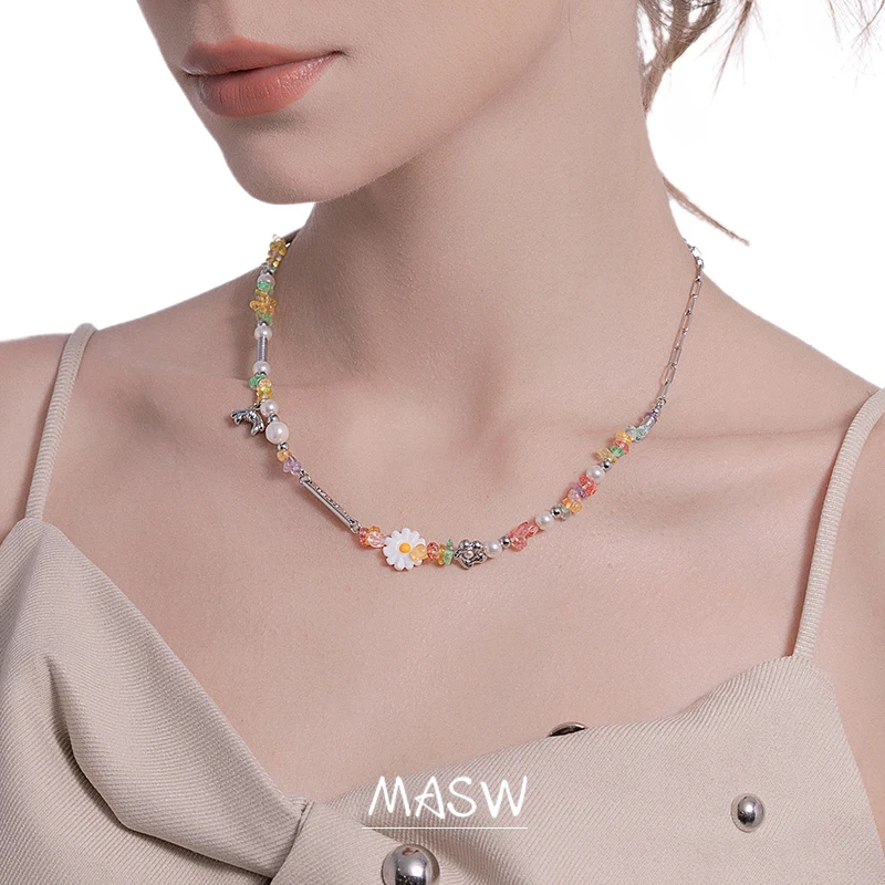 MASW Original Design Spring Summer Jewelry Set One Layer Colorful Flower Bead Necklace For Women Bracelet Party Wedding Gift