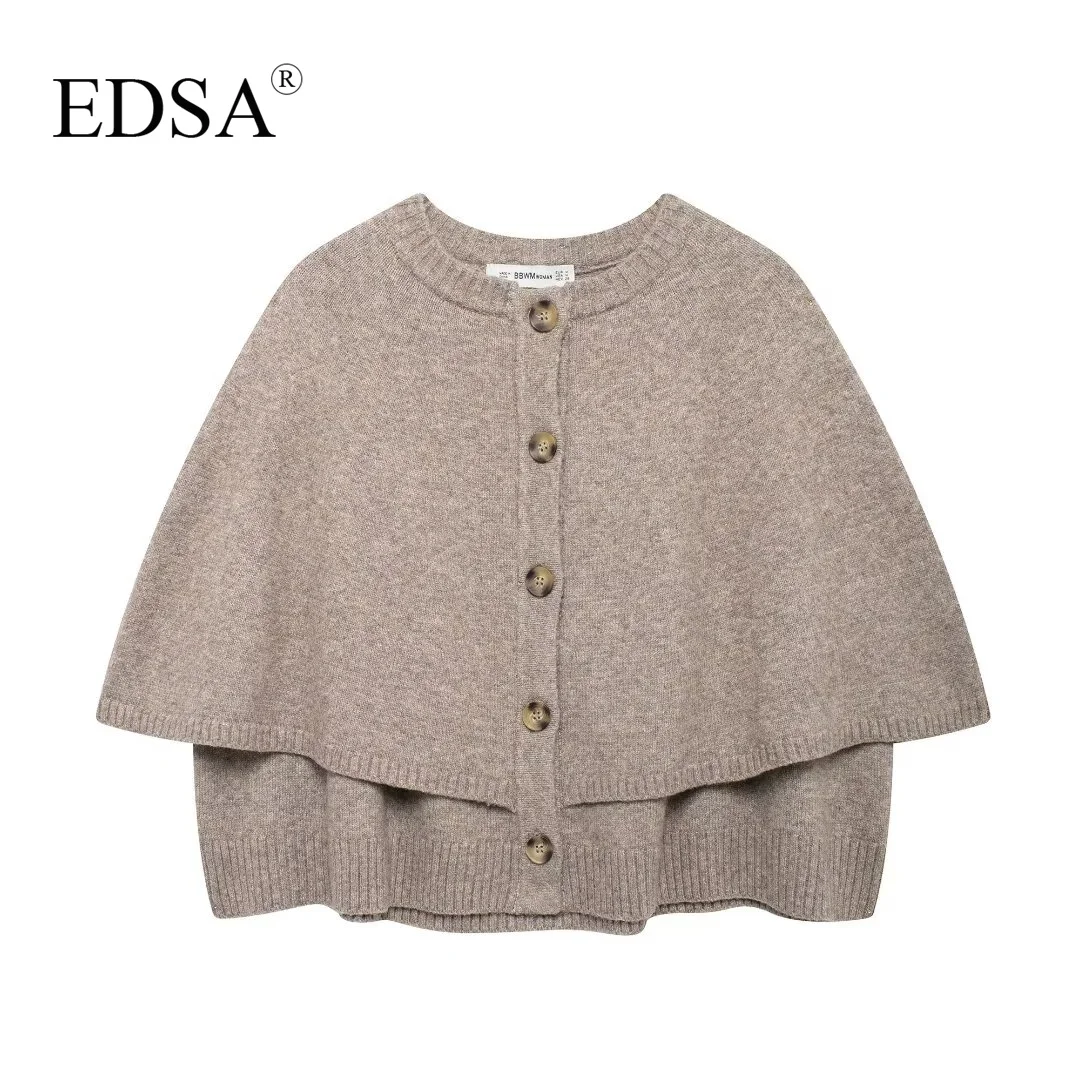 EDSA Women Knitted Cape Cardigan Round Neck Short Sleeves Ribbed Trims Button-Up Front Sweater Coat Casual Female Outerwear