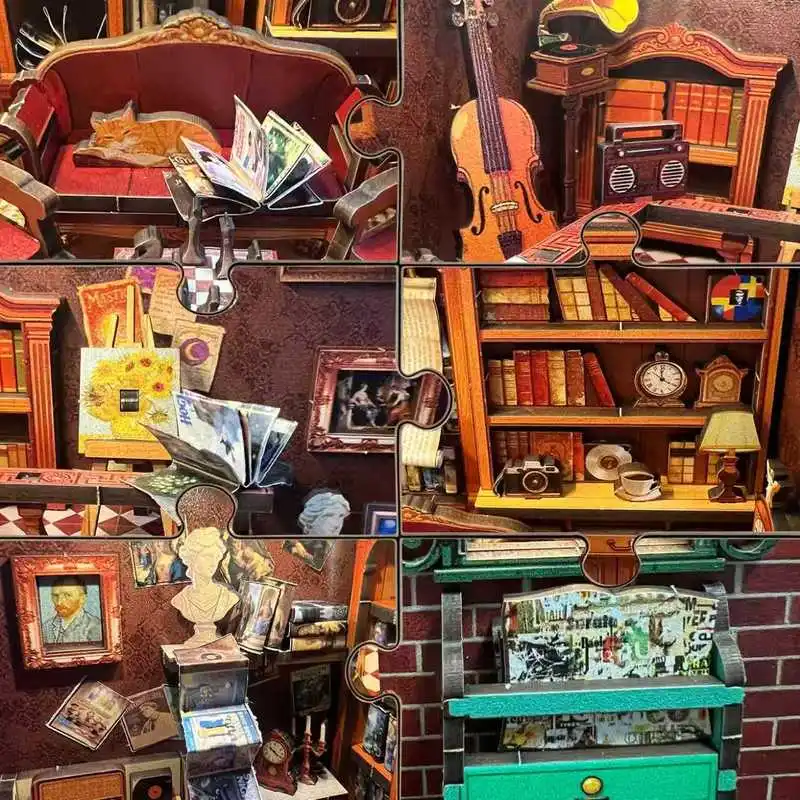 3D Wooden Puzzle Model Stress Relief Craft Kit New DIY Miniature Library Home Office Desk Decoration Collection Gift for Adults