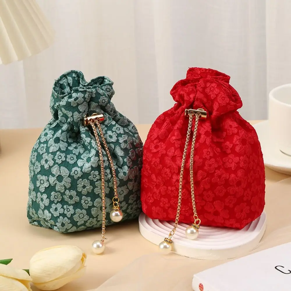 

Ins Pearl Flower Drawstring Bag Chain Korean Style Festive Sugar Bag Bucket Bag Large Capacity Wedding Bucket Bag Party