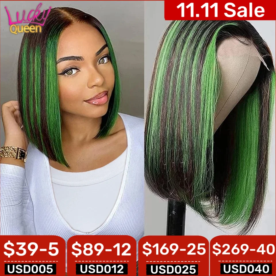 180 Density 13X4 Lace Frontal Human Hair Wigs Highlight Green Straight Bob Wig Pre Plucked For Women