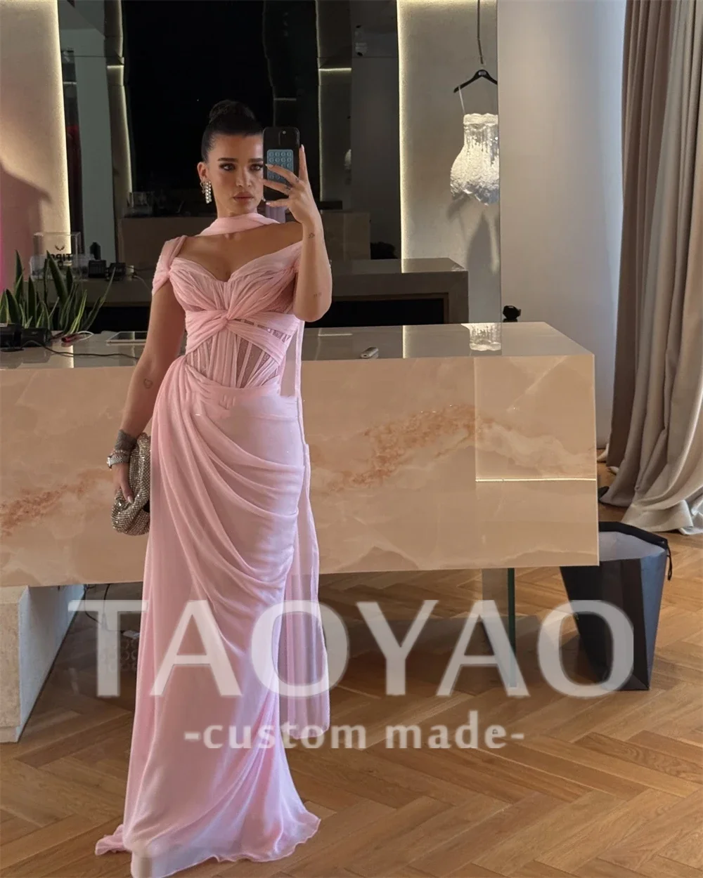 

Pink V-Neck Mermaid Prom Dress Lace Pleats Luxury Birthday Party Gown Long Cape Chiffon Robes De Soirée Customized For Women