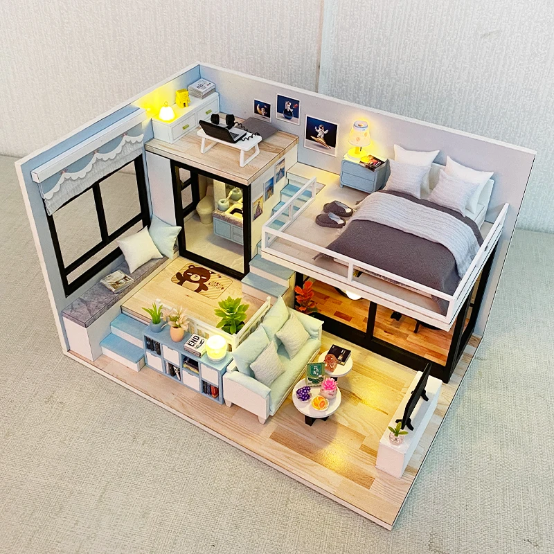 

Diy Wooden Loft Room Casa Doll Houses Miniature Building Kits With Furniture LED Light Dollhouse Toys For Adults Birthday Gifts