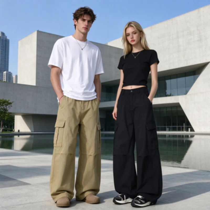 Men's Cargo Pants with Multiple Pockets, Wide-Leg Long Pants, High Street Style, Drapey Straight Cut, Slimming and Leg-Lengthening, Versatile for Streetwear
