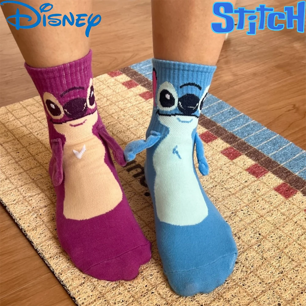 Disney Magnetic Hand-In-Hand Socks - Stitch & Angel Couples Mid-Tube Socks, Funny Home Floor Socks